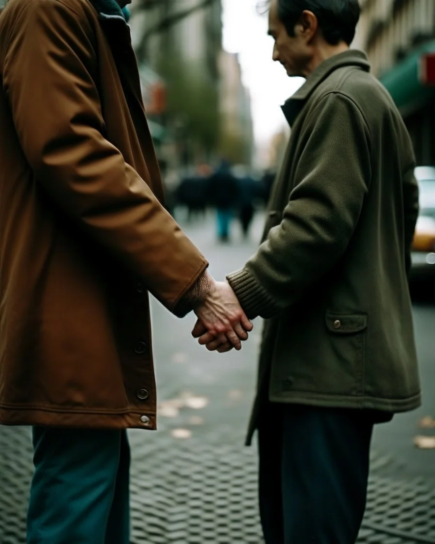 una mujer y un hombre de la mano en una calle de una ciudad. Primer plano, fotografía realizada con cámara Leica y objetivo de 50 mm. fotografía en color. Colores alegres