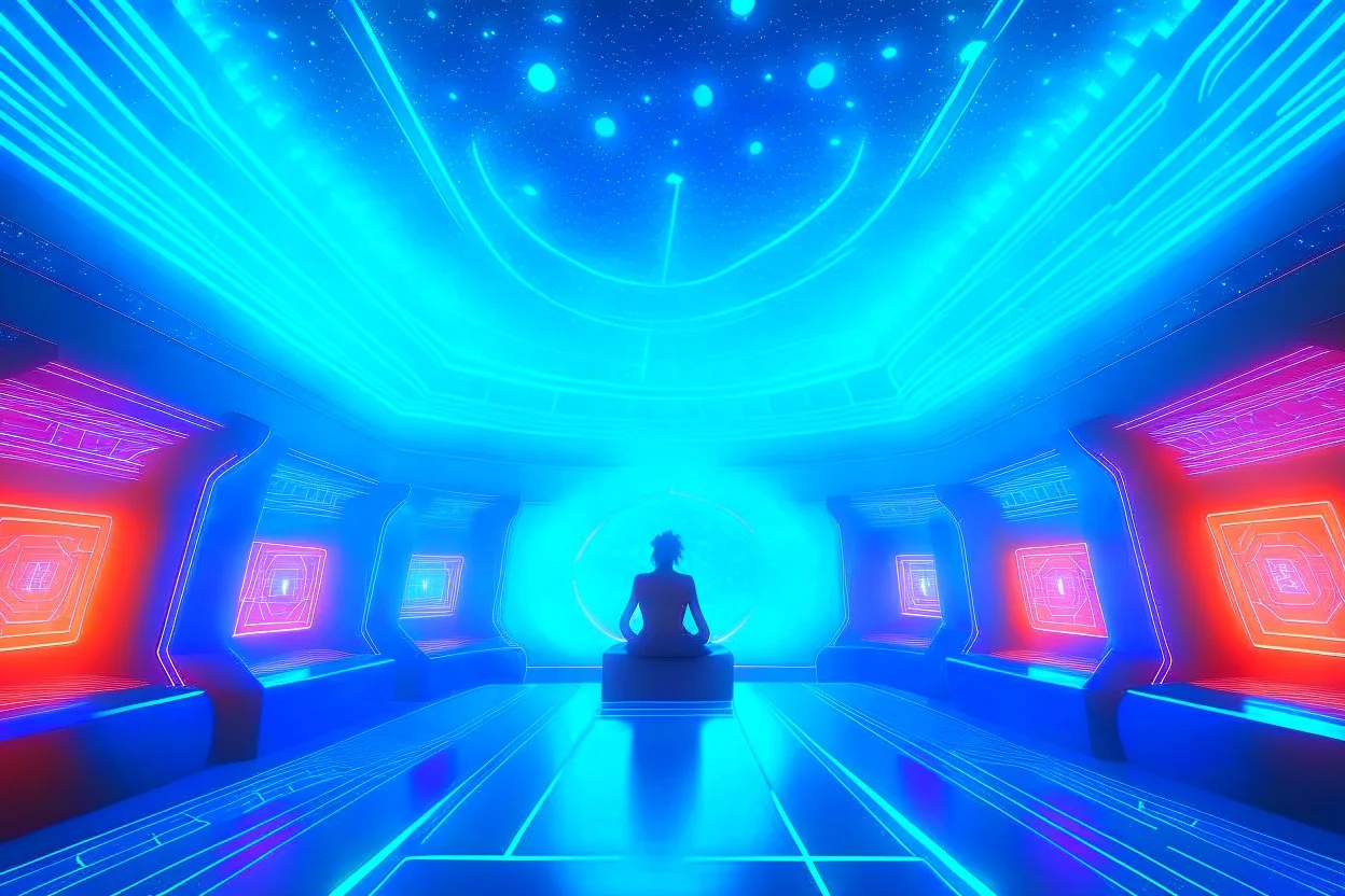 inside a spaceship in a room with a celestial being, radiating light and taking a form with shifting constellations.