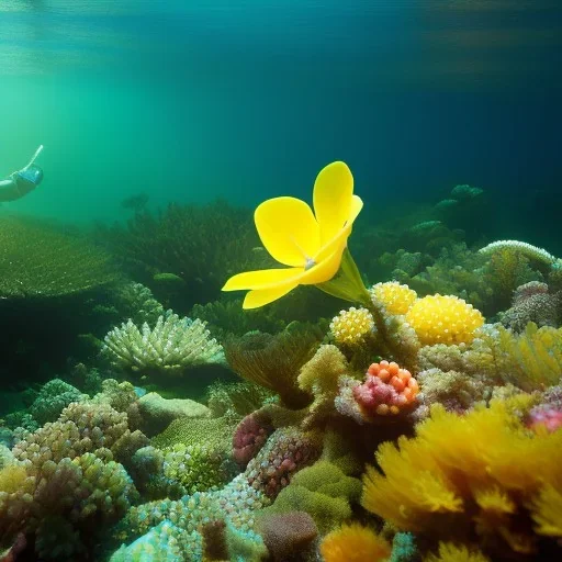 Lale Mansur underwater with yellow flowers for hair, closed eyes, rtx, reflection, 8k, glow, winning photography, caustics