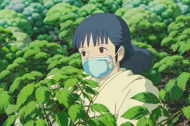 A triumphant portrait of Yui, her face covered by a respirator but her eyes gleaming with hope, holding a sprouting seedling from the mythical plant against the backdrop of her rejuvenating biodome. The encroaching solar punk aesthetics are evident as new, sustainable structures rise amidst the lush greenery.