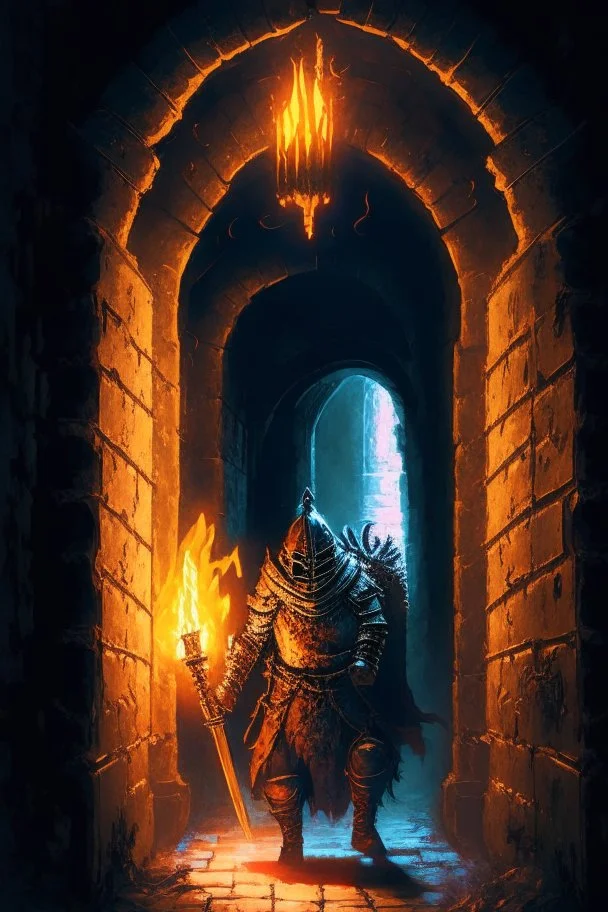 A frightening castle dungeon hallway with an evil knight warrior in rusty chainmail holding a burning torch painterly rpg art