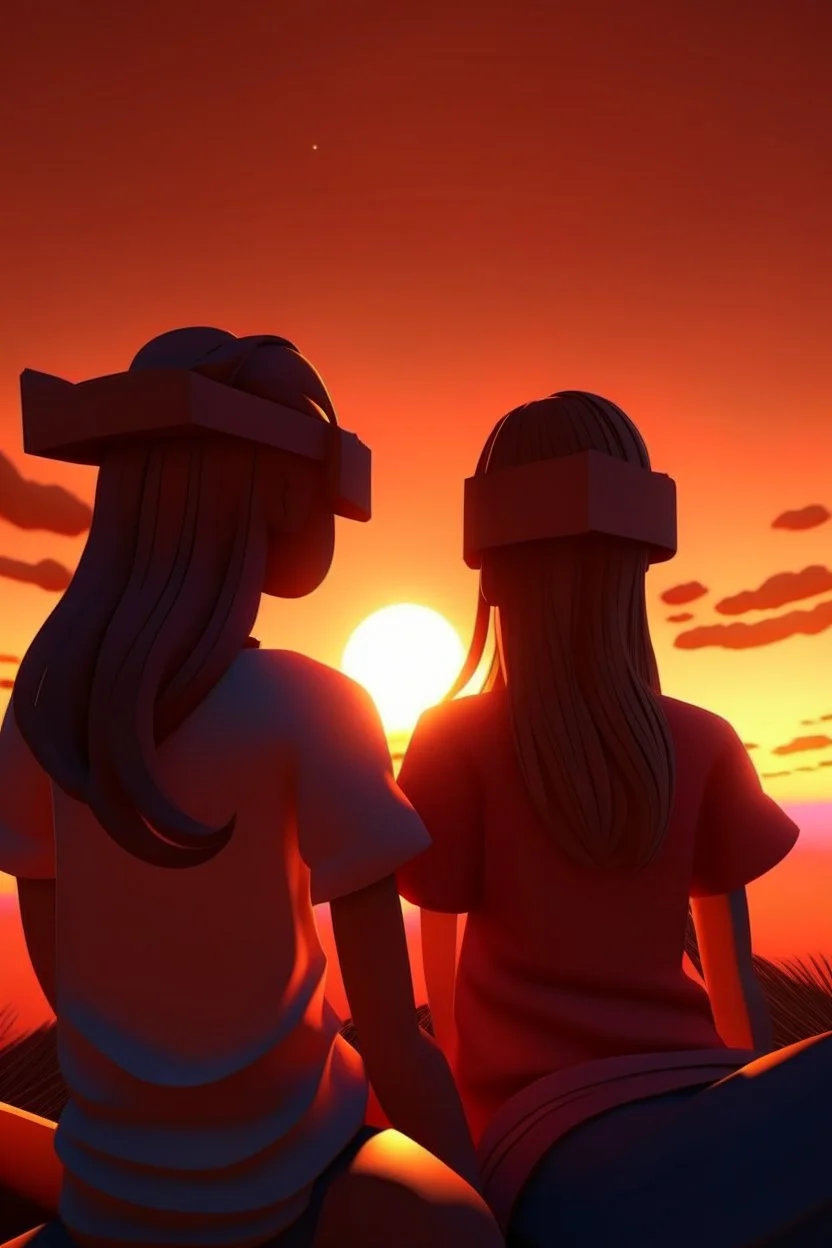 gün batımını izleyen 2 kız 3D biraz daha detaylı daha fazla detay ve 2d yüzleri hafif görünüyor yüzÇeri görünüyor