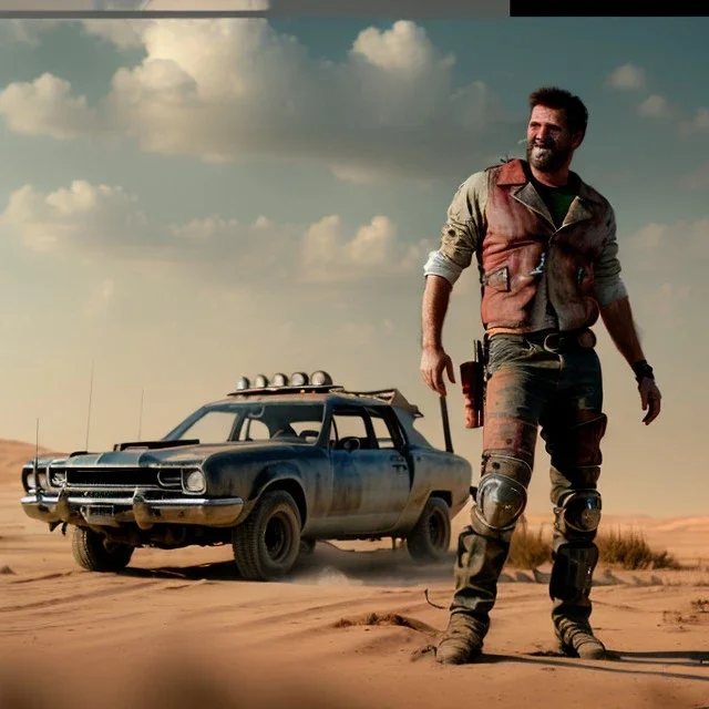 Ultra realistic mad max scene. Strong man, smoke torch , waist up view, Wes Anderson style, happy, highly detailed, concept art, unreal engine 5, god rays, ray tracing, RTX, lumen lighting, ultra detail, volumetric lighting, 3d, finely drawn, high definition, high resolution.