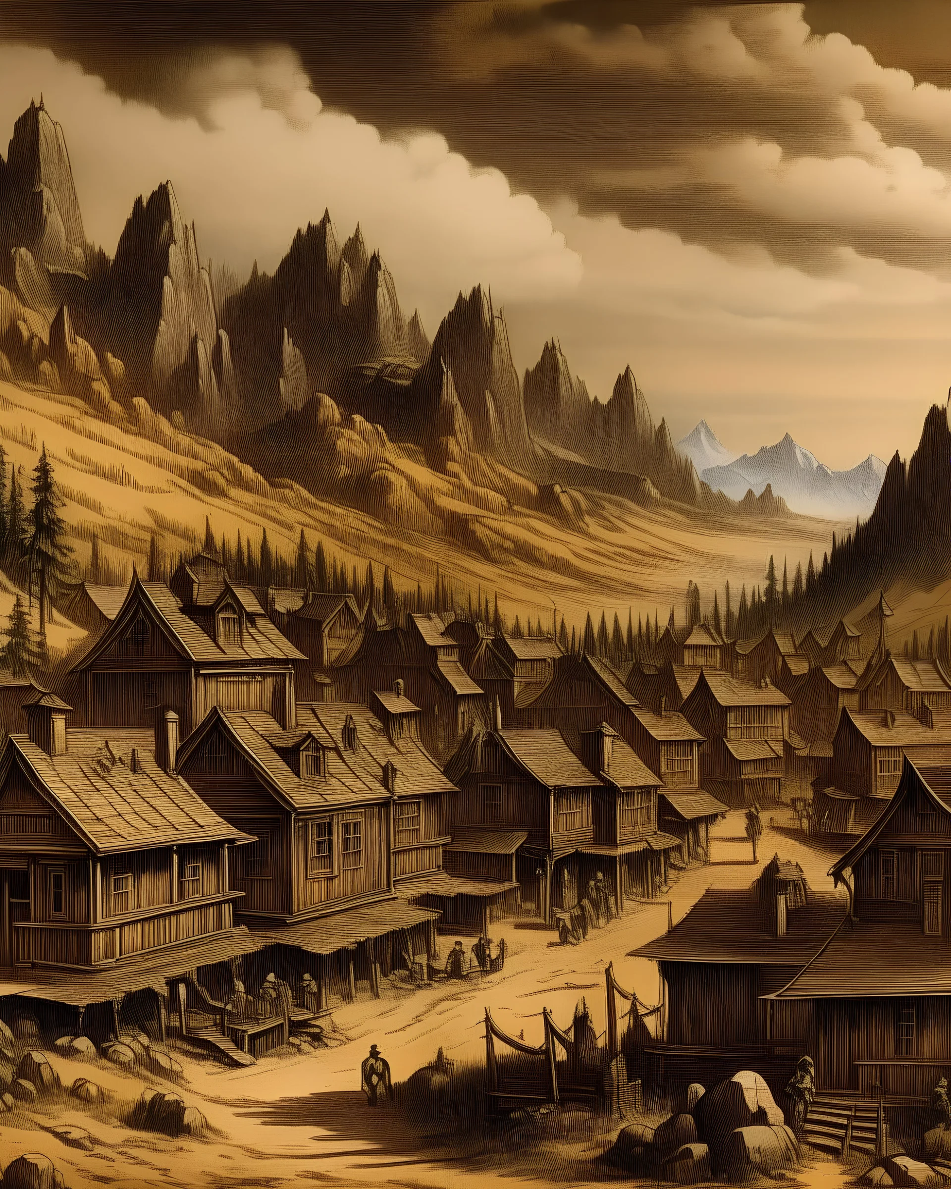 A bronze old Western town near the mountains painted by Albrecht Durer