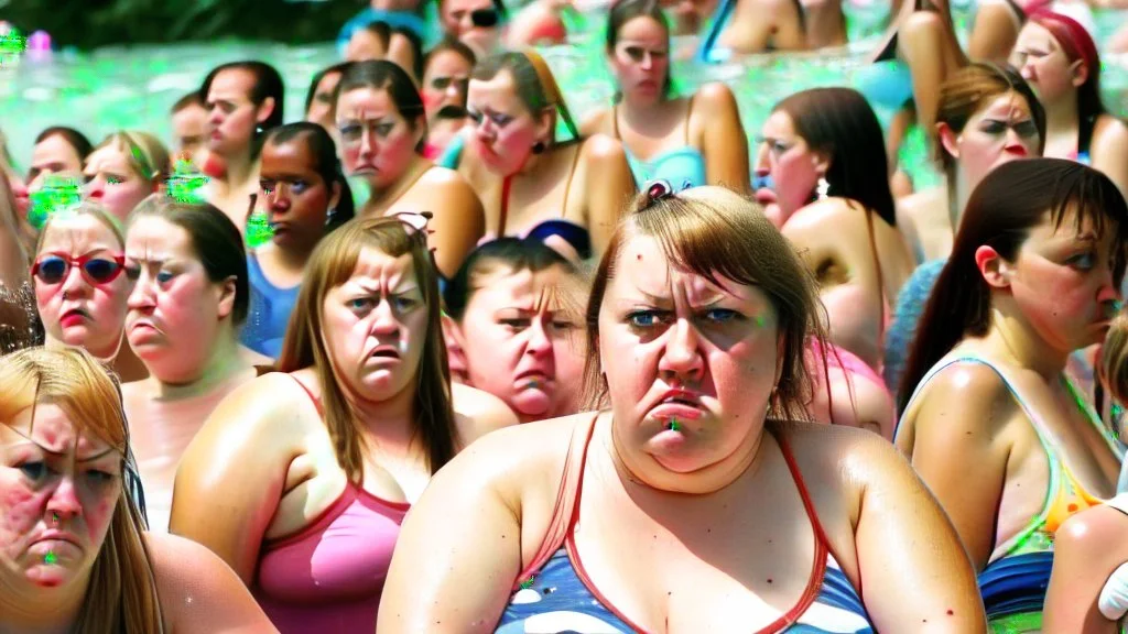 woman pouting at a crowded water park