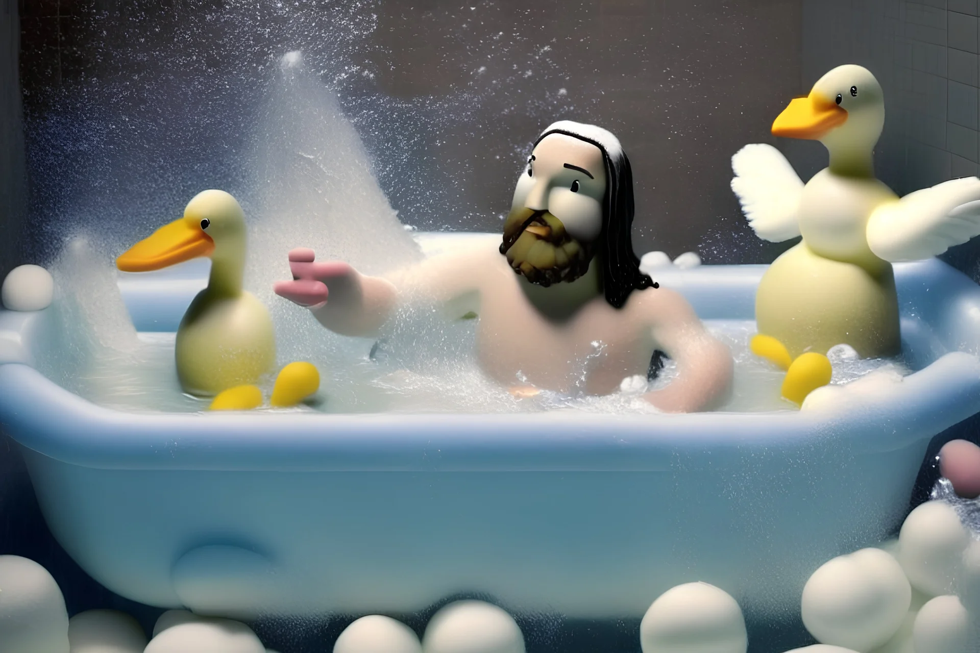 Jesus is bathing. playing with foam and rubber ducks in your bath.