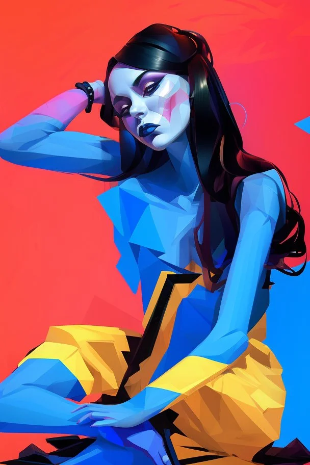 whimsical arafed nonsense stylized abstract portrait of a woman with dark bob hair, seated with arms crossed, (((exaggerated body parts))), (((oversize head))), in vibrant red dress and blue accents around wrists, background is blend of bold yellow and black patchwork vibe, rainy whimsical afternoon, sharp color contrasts, amazing shadows, minimal cozy, color leak, heavily distorted views, amazing parallels