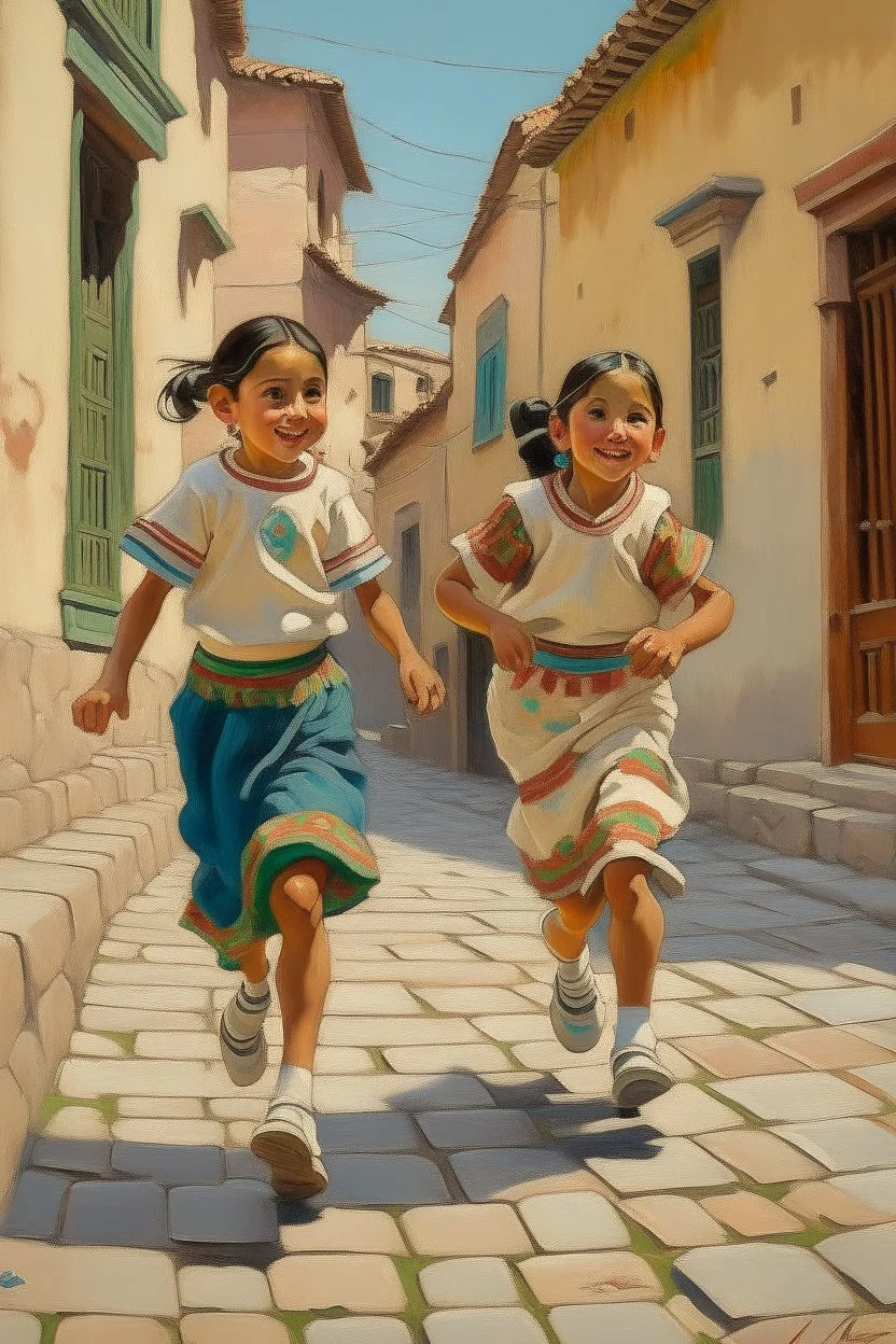 2 maxican childeren running traditional clothes painting neoclassism in a traditional mexican city