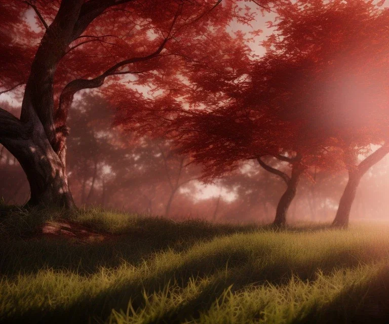 closeup, red colors, trees, powerfull