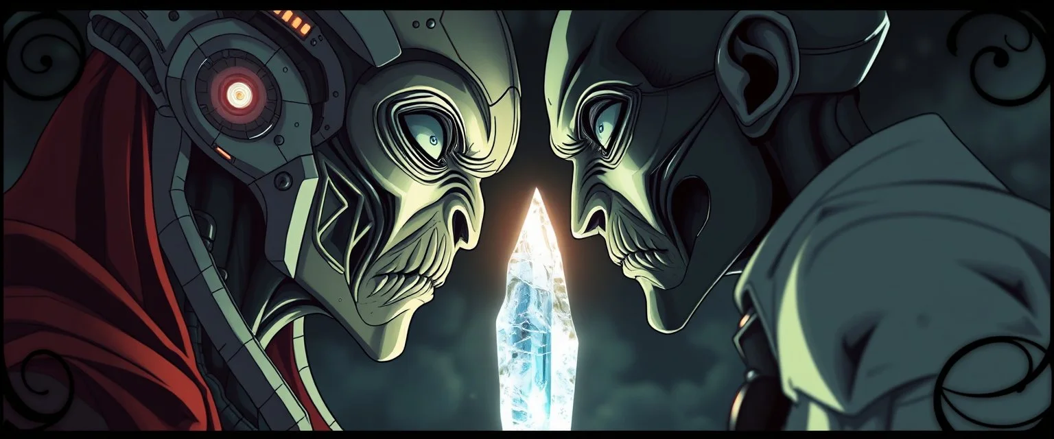 Close-up confrontation between an ancient alien outcast leader synth and a space broker, standing only a meter apart, intense eye contact, glowing crystalline rod between them, anger mixed with sadness, dramatic facial expressions, shallow depth of field, cinematic lighting, stylized 3D anime, airbrush painting, crisp outlines, escher , rembrandt and hr giger, black swirly border, characters drawn in front of border