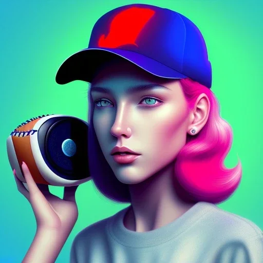 a girl wearing a baseball cap holding a small boombox in her hand, full shot. paint splashes, outrun, vaporware, shaded flat illustration, digital art, trending on artstation, highly detailed, fine detail, intricate