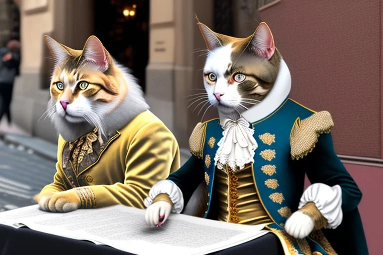 Mature cats dressed like "Wolfgang Amadeus Mozart", paws, playing music, street, Vienna, friendly, sunny day, model style, hyper realistic, extremely accurate, delicate, extremely detailed, Graphic novel style, wide-angle, open aperture, superfine pencil