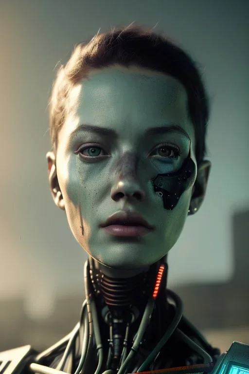 portrait,beautiful robot, post-apocalyptic in a cyberpunk city, realistic, intriacte detail, sci-fi fantasy style, volumetric lighting, particales,highly detailed,cinamatic, deep colours,8k