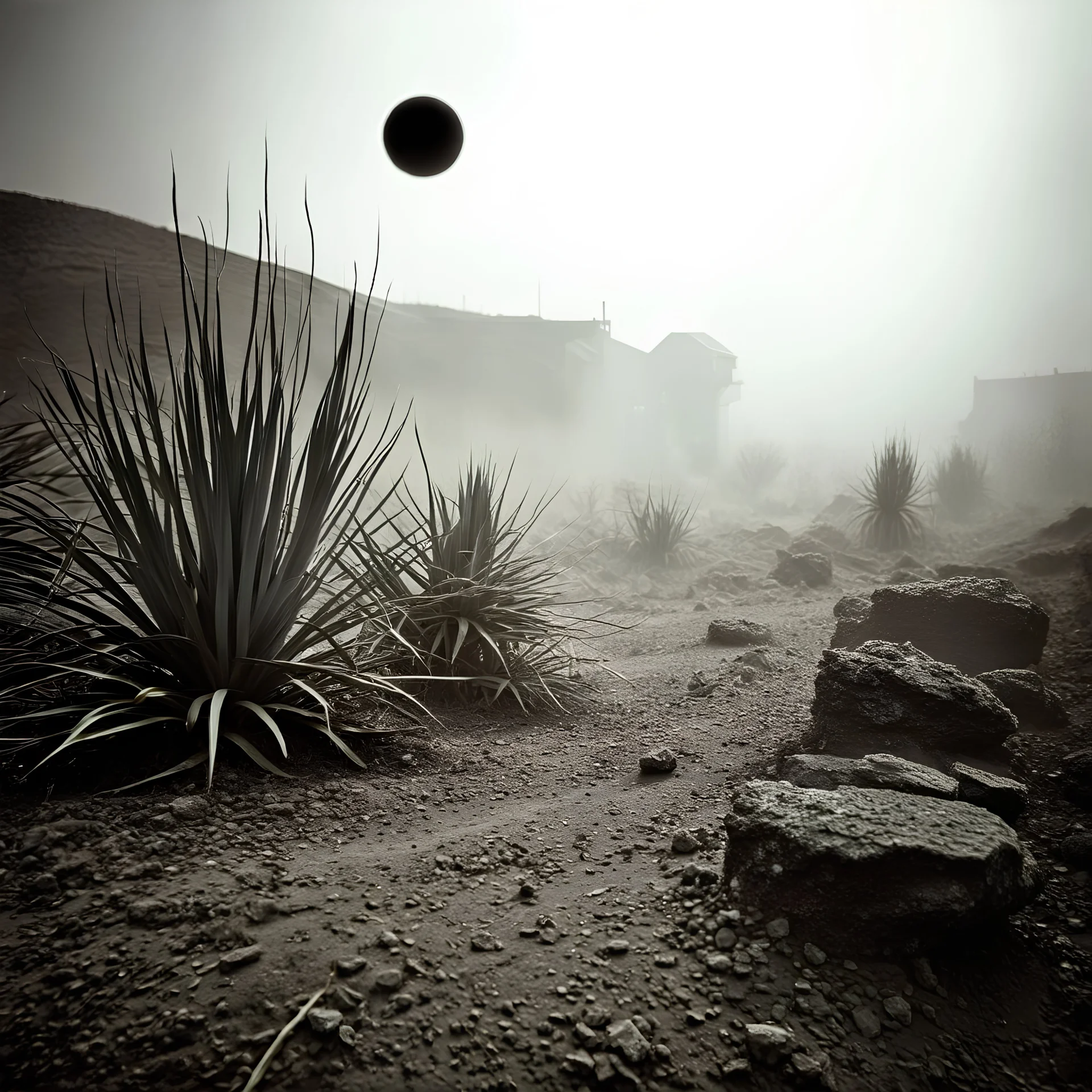 A striking quality Kodak photograph captures a wasteland with a group of plants, creepy, details of the dust very accentuated, glossy organic mass, adorned with minerals and rocks. Bathed in intense light, eerie, Max Ernst style, black sun, fog