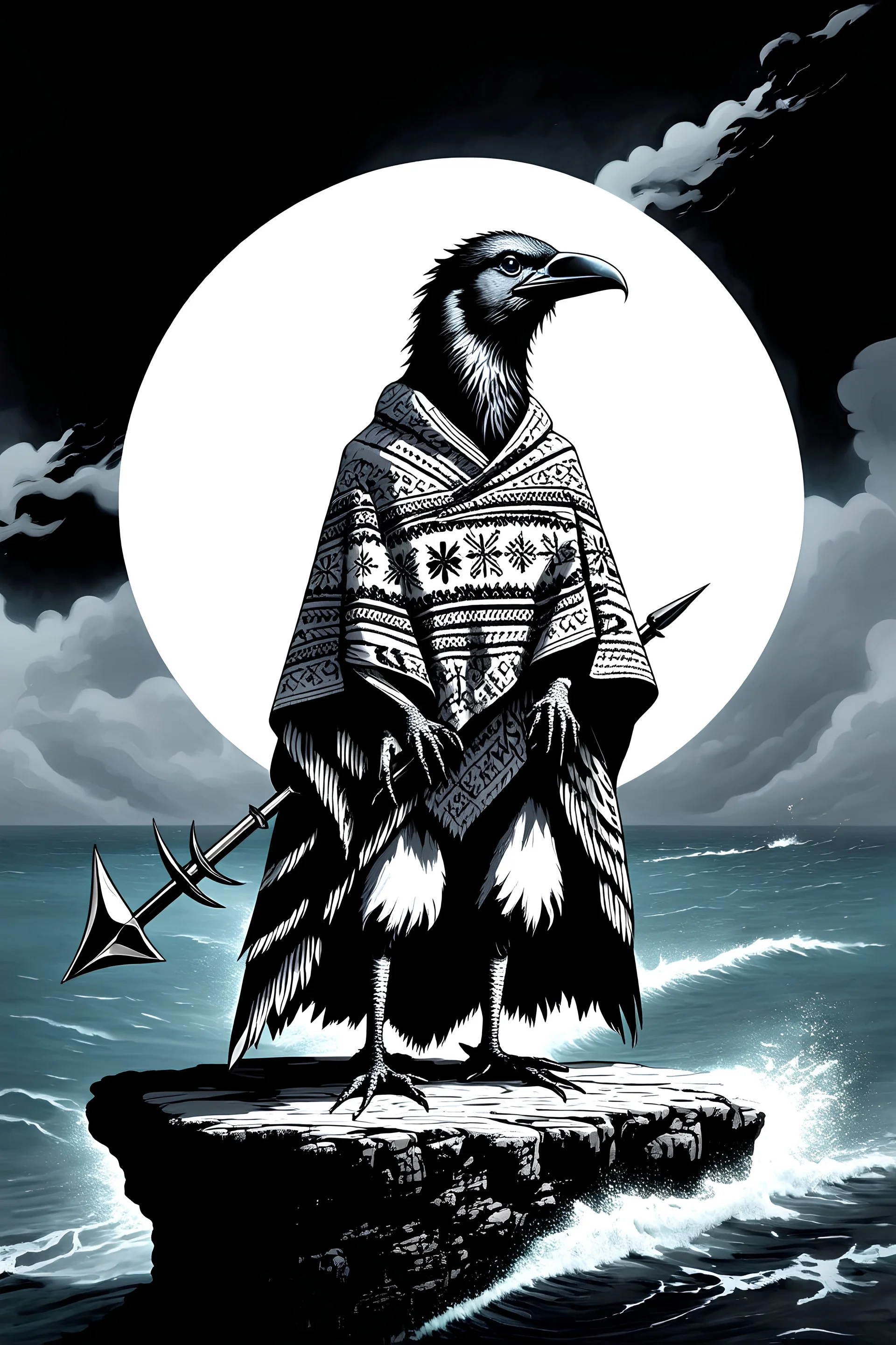 An anthropomorphic raven in a poncho with a Scandinavian pattern. In his hands is a harpoon, the raven's hands are like the paws of a bird. The raven stands on a cliff on the seashore. Storm, cloudy.