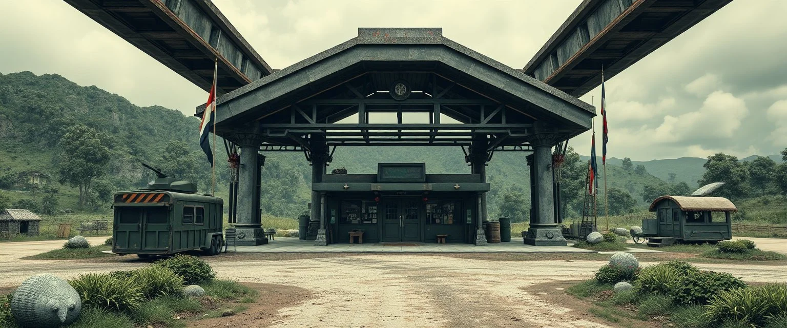 a realistic old style military checkpoint in front of utopia green world