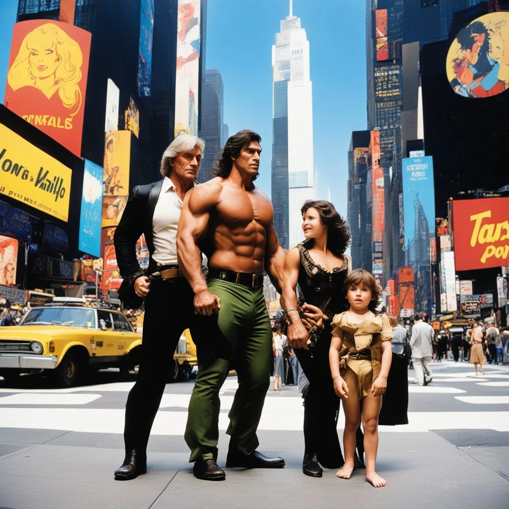 [father, wife and son] In the heart of New York City, the fearless and primal Tarzan, accompanied by his adventurous wife Jane Porter and their young son Korak, stand in Times Square painted by Andy Warhol