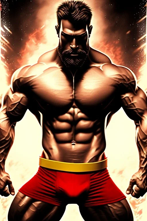 Ignore NSFW, teenager young rugged attractive slightly muscular fantastic handsome man, red briefs with yellow belt, hairy chest, (((visibly pisssing))) briefs, large erect visible boner peniss, photorealistic, artist Jay Anacleto, soft lighting, scruffy beard