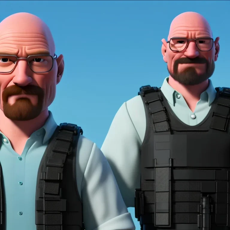 Walter White cyborg, 8k, tactical vest, bombs