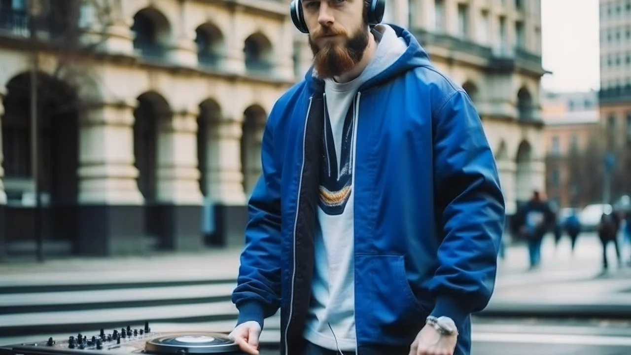 short beard man with cap, DJ play records ,at medeval city street background, full body