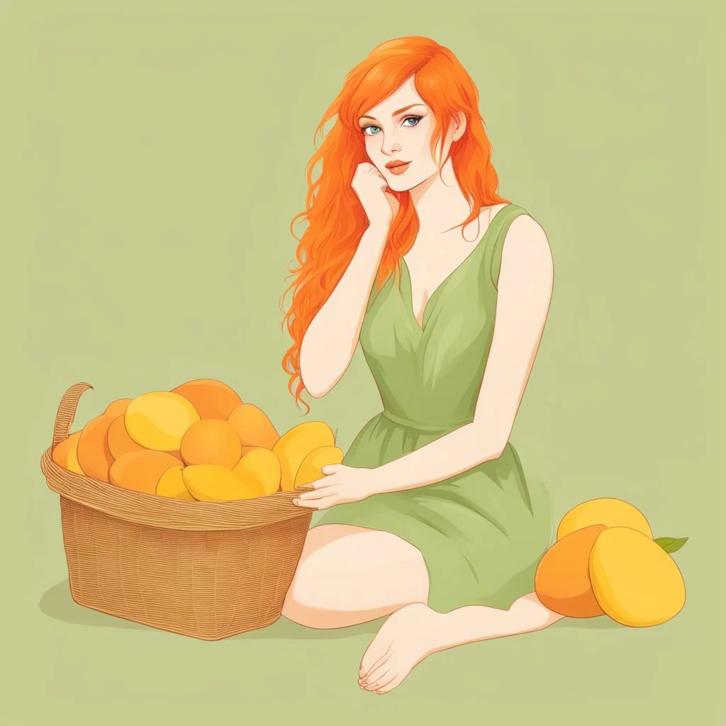 A beautiful young woman with orange hair sitting in a light green dress with a basket full of mangoes. All on a light background that can be easily removed.