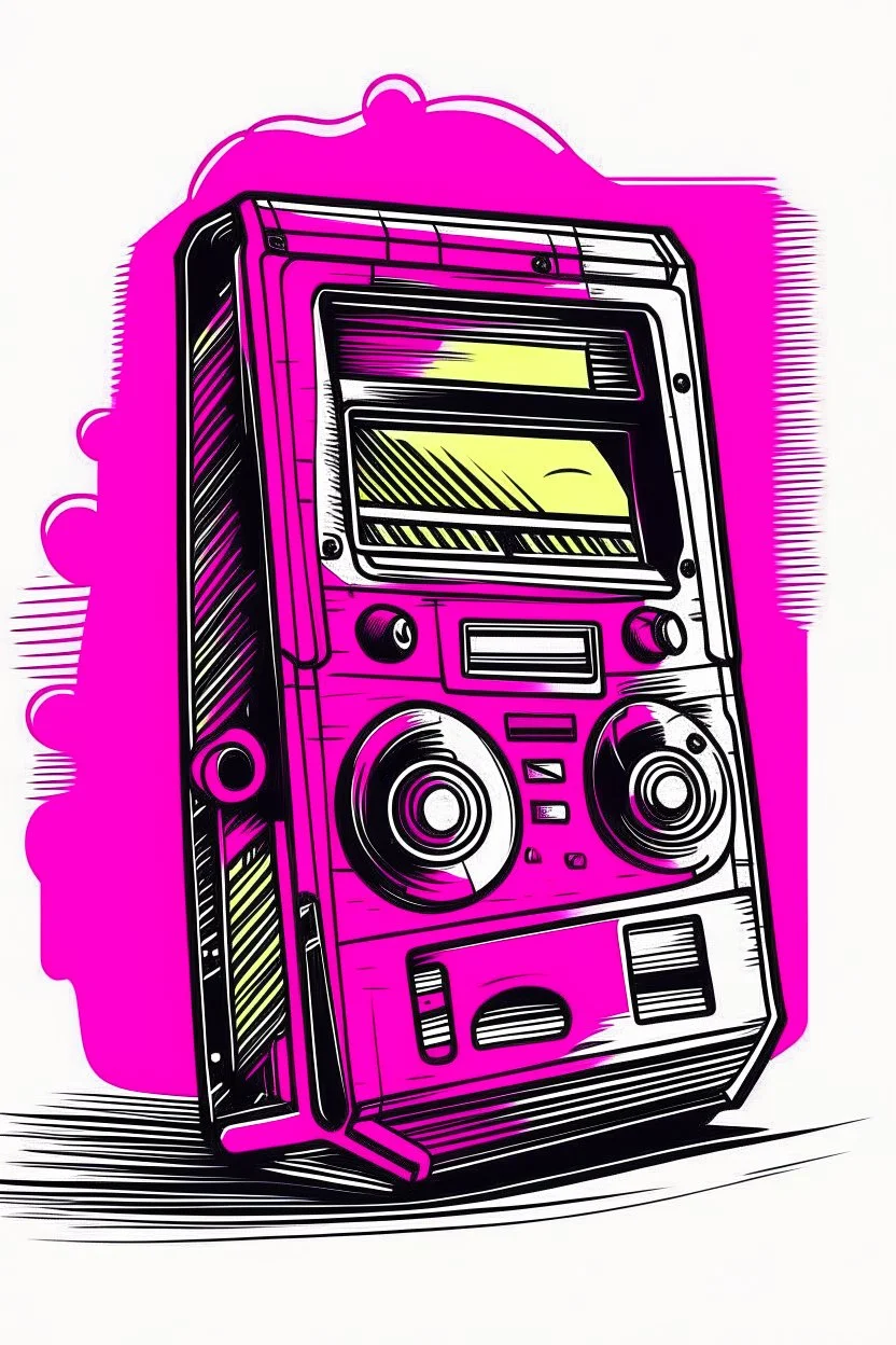 A bright pink, handheld cassette player with a rewind button held down captures a fleeting glimpse of a loved one on the tiny screen. Style: 80s Nostalgia, Mood: Sentimental, Lighting: Warm, yellowed light from a streetlamp, T-shirt design graphic, vector, contour, white background.