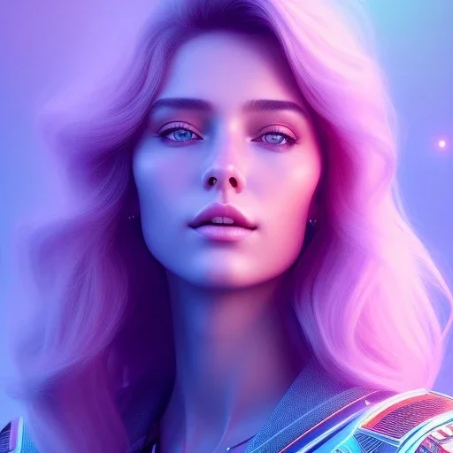 A portrait very beautiful woman ,smiling, longs hairs, atmospheric, realistic, cinematic lighting, pink blue light, 8k, galactic atmosphere, flowers