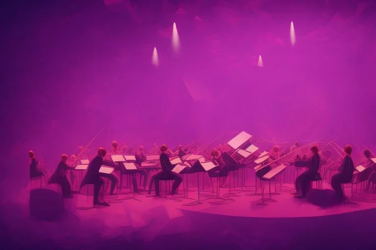 An orchestra playing on stage purple color scheme, high key lighting, volumetric light high details psychedelic background