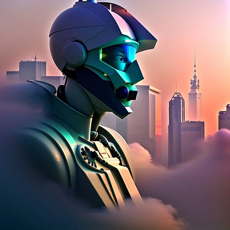 smoke plumes, clouds, smog, city scape with pollution, robot, double exposure photography, colourful nature, clean sharp focus, on white background, Fractal Geometry buildings, sacred geometry