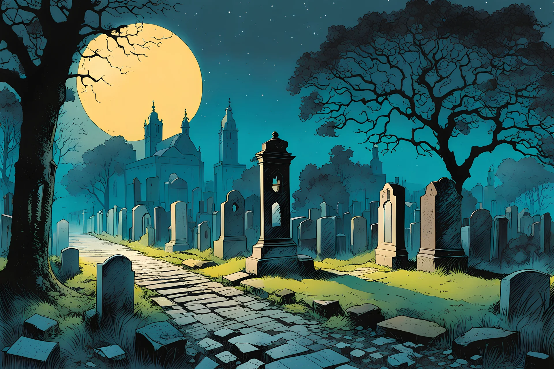 create a fine art print illustration of an old Jewish cemetery with numerous leaning , broken headstones and mausoleums ,highly detailed rough stonework, surrounded by ancient oak trees, in the old city of Krakow, shrouded in a fetid mist at midnight , in the comic book art style of Bill Sienkiewicz, and Jean Giraud Moebius, finely textured, drawn, colored, and inked