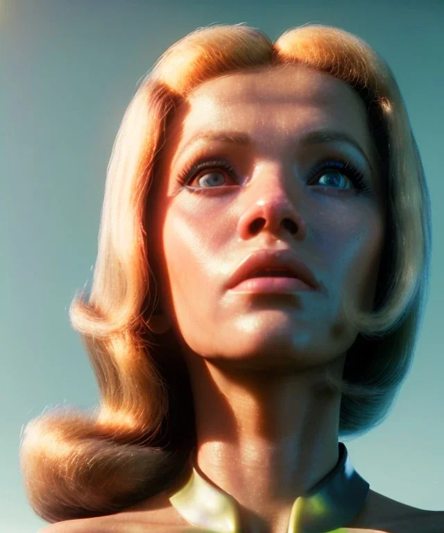 Ultra Realistic retro sci-fi movie, classic ovni levitating, 1960 year, waist up view portrait, blonde woman, sweet teenager Jane Fonda face, perfect iris, glow eyes, face makeup, tight latex coat, retro glass helmet, Retro sci-fi style, soft color, highly detailed, unreal engine 5, ray tracing, RTX, lumen lighting, ultra detail, volumetric lighting, 3d, finely drawn, high definition, high resolution.