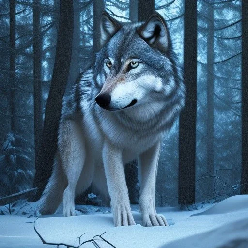 Wolf, ice, blue, forest, snow, beautiful, masterpiece, expert, 8K, hyperrealism, sharp focus, cinematic lighting