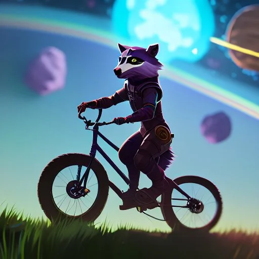 A raccoon astronaut riding a rainbow bike on a mission to gather space trash, jumping over asteroids as he goes.