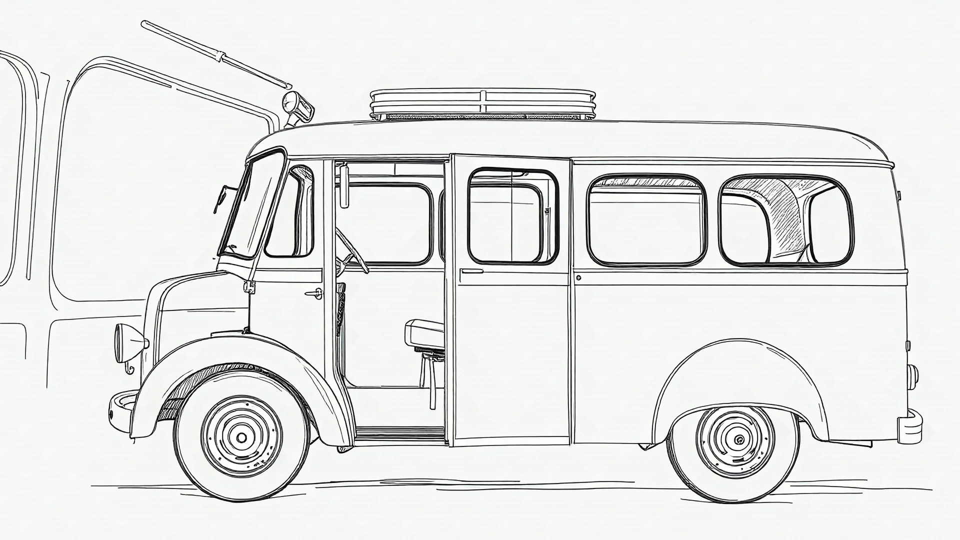 Digital Painting black and white. inside Old Bus. Line Drawing. Minibus. Sketch. 1920 AD. Turnaround. Front, Side, Back, 3-4 View. digital painting, Vector, illustration, Model Sheet