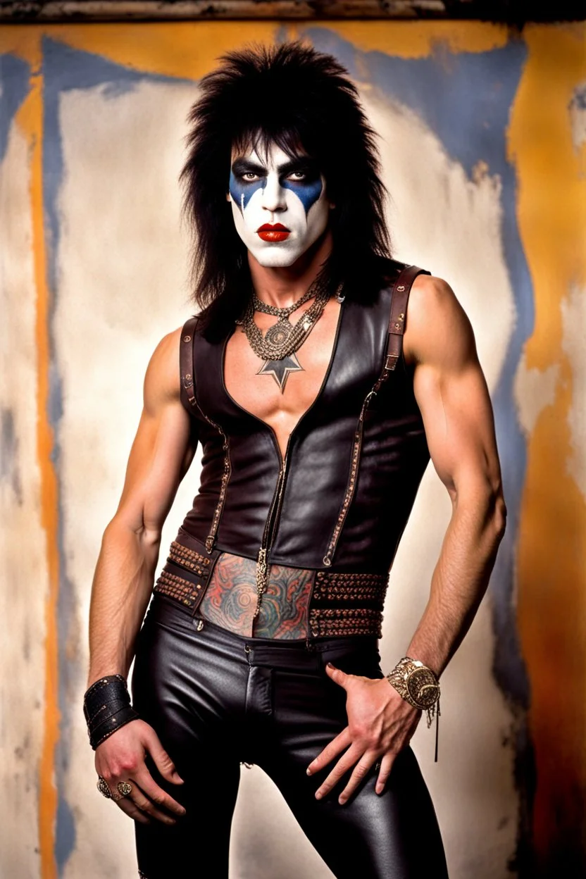 text 'KISS' - head and shoulders portrait, KISS - Tall and muscular 20-year-old Paul Stanley, Black star on right eye, Chest and stomach hair, rose tattoo on right shoulder, black spandex and leather, 8-inch high platform boots, - a multicolored cement wall in the background,