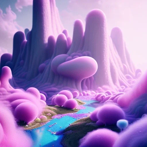 a psychedelic realm with rolling plains made out of clouds, mountains made out of icebergs, and plant life made out of cotton candy, in the style of wlop and namek, illustration, epic, fantasy, hyper detailed, smooth, unreal engine, sharp focus, ray tracing