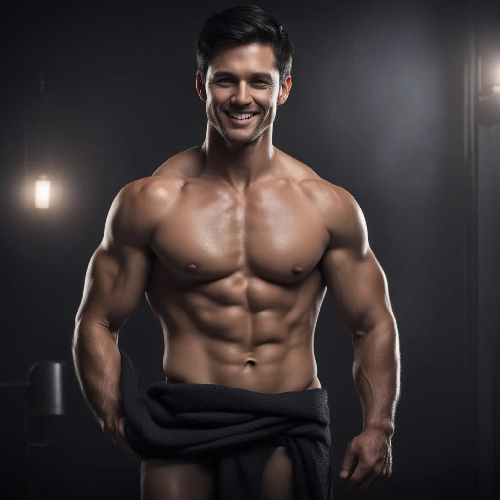 Hyper realistic Extremely Handsome shirtless with short black hair muscular man smiling standing in a black towel in a dark room