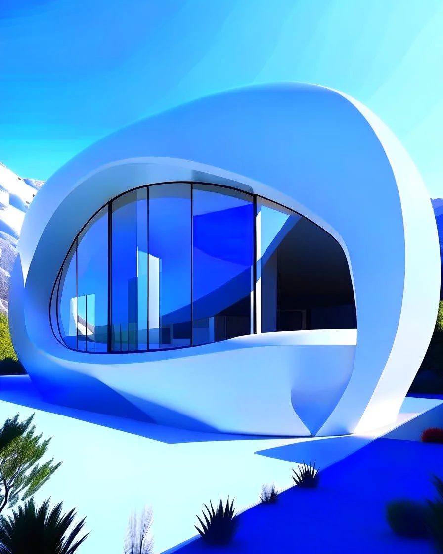 casa pequeña en una pendiente, en forma ovalada y redonda, estilo Zaha Hadid, calidad ultra, arte digital 3D, 8k