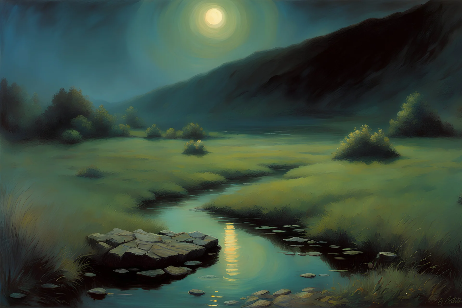 Night, rocks, puddle, mountains, beyond and trascendent influence, philosophic, 2000's sci-fi movies influence, emile claus and friedrich eckenfelder and auguste oleffe impressionism paintings