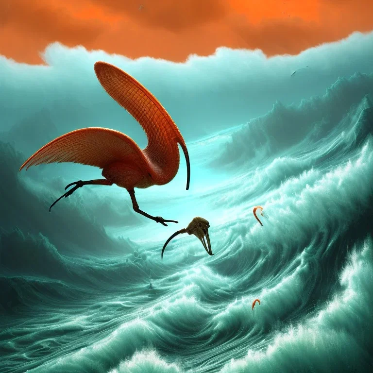 an exotic ibis in orange and green full battle armor, background of giant crashing ocean waves, a highly detailed illustration, realistic render, 8 k, micro detail, intricate, elegant, centered, digital painting, smooth, sharp focus, illustration, artgerm, tomasz alen kopera, peter mohrbacher, donato giancola, joseph christian leyendecker, wlop, boris vallejo