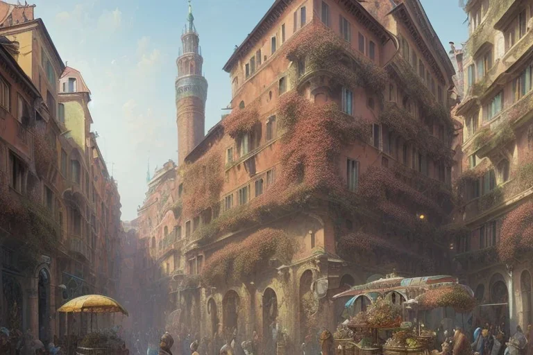 +A greengrocer in colorful+bologna+genoa street+Italian medieval town+Italian city on sea+alphonse mucha, greg rutkowski,matte painting, cryengine, hyper detailed, felix kelly, fantasy art, seb mckinnon