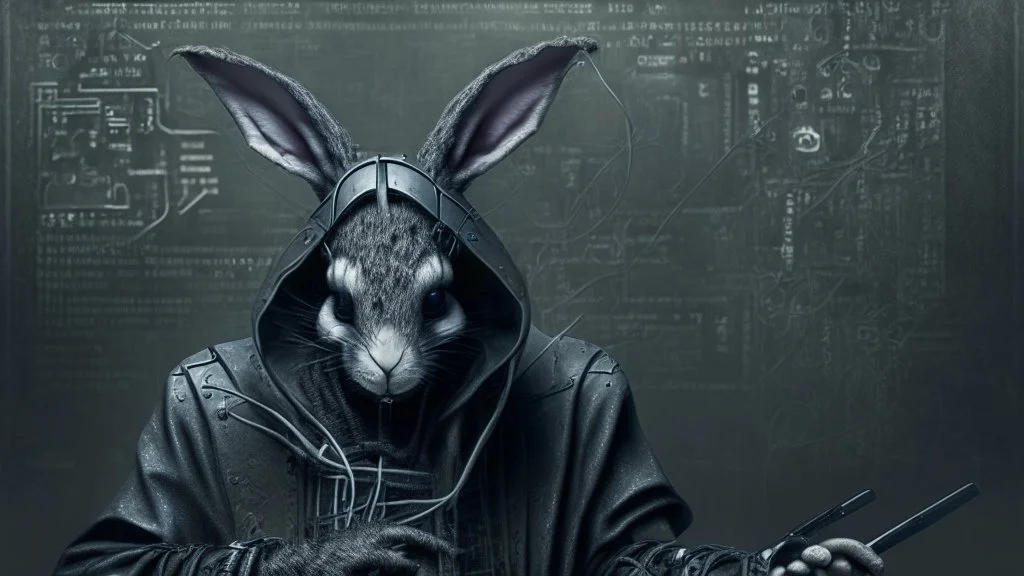 portrait of a gothic rabbit hacker humanoid