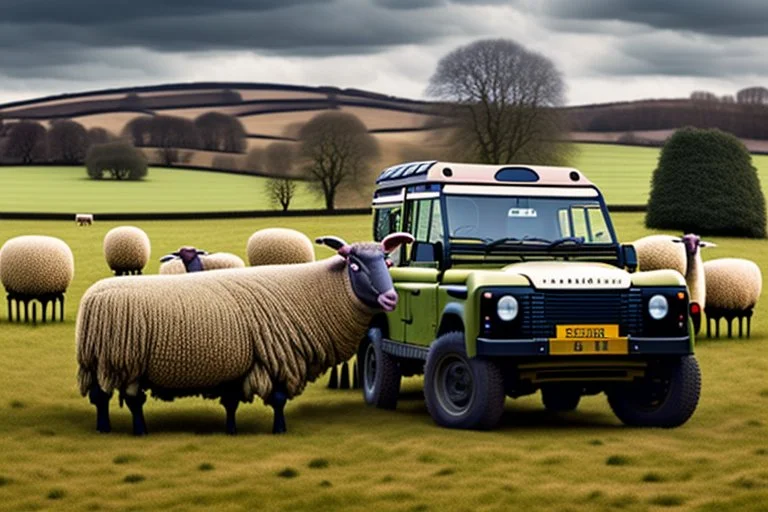 lots of sheep jumping on each other with mechanic, portrait of a broken mechanic, mixed body hybrid part big (sheep), fixing (far away old land rover 4x4 discovery 2) in the countryside