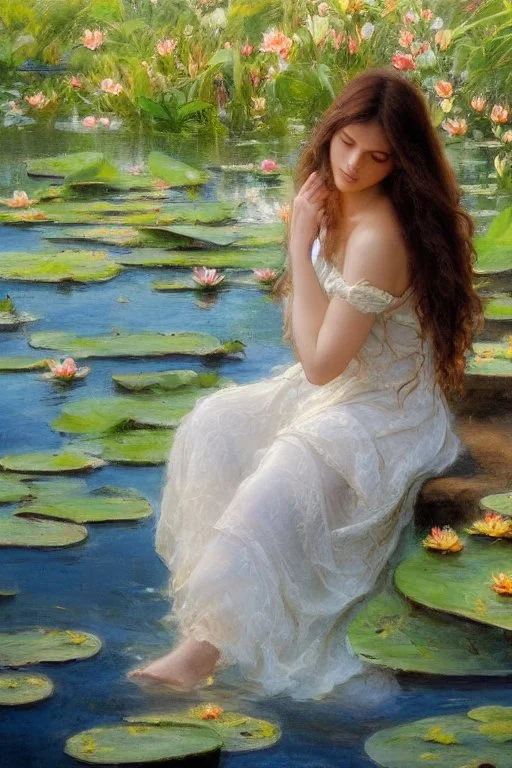 a beautiful woman with long brown hair in a romantic floral dress sits contemplatively on a pier, her feet in the water, white water lilies floating on the water extremely detailed intricate very attractive beautiful crisp quality Michelangelo Daniel Gerhartz in sunshine