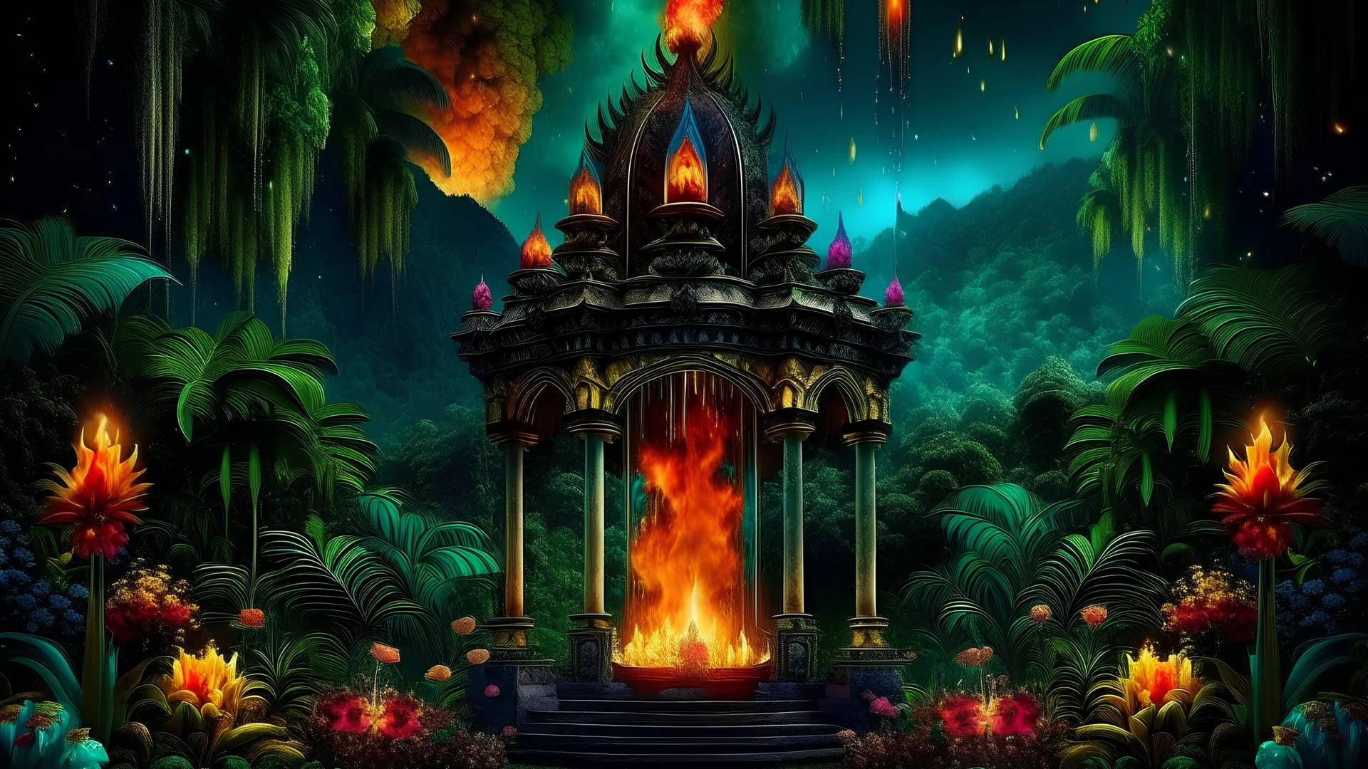 my mind bows my dreams . fantasy In the garden my mind bows . A small flaming torch , the meditation in the midst in the jungle , new style collonades for meditation palace built in the jungle , mountains. space color is dark , where you can see the fire and smell the smoke, galaxy, space, ethereal space, cosmos, panorama. Palace , Background: An otherworldly planet, bathed in the cold glow of distant stars.