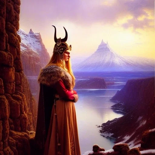 portrait beautiful face viking queen,braids,busty,horned helmet,snow,castle,mountains,ancient leather armor, balanciaga fashion clothe painting by gaston bussiere, greg rutkowski, yoji shinkawa, yoshitaka amano, tsutomu nihei, donato giancola, tim hildebrandt, oil on canvas, cinematic composition, extreme detail,fit full head inside picture,16k