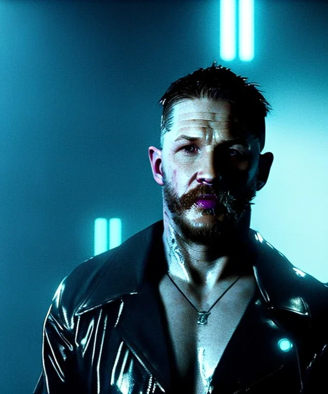 Actor, tom hardy, blade runner style, rain, fog, neon ambient, gradient color, clean skin, circuits, latex coat, cyber punk, neon, tubes, portrait, studio photo, unreal engine 5, smooth color, 16 bit, god lights, ray tracing, RTX, lumen lighting, ultra deatail, volumetric lighting, 3d, finely drawn, hd.