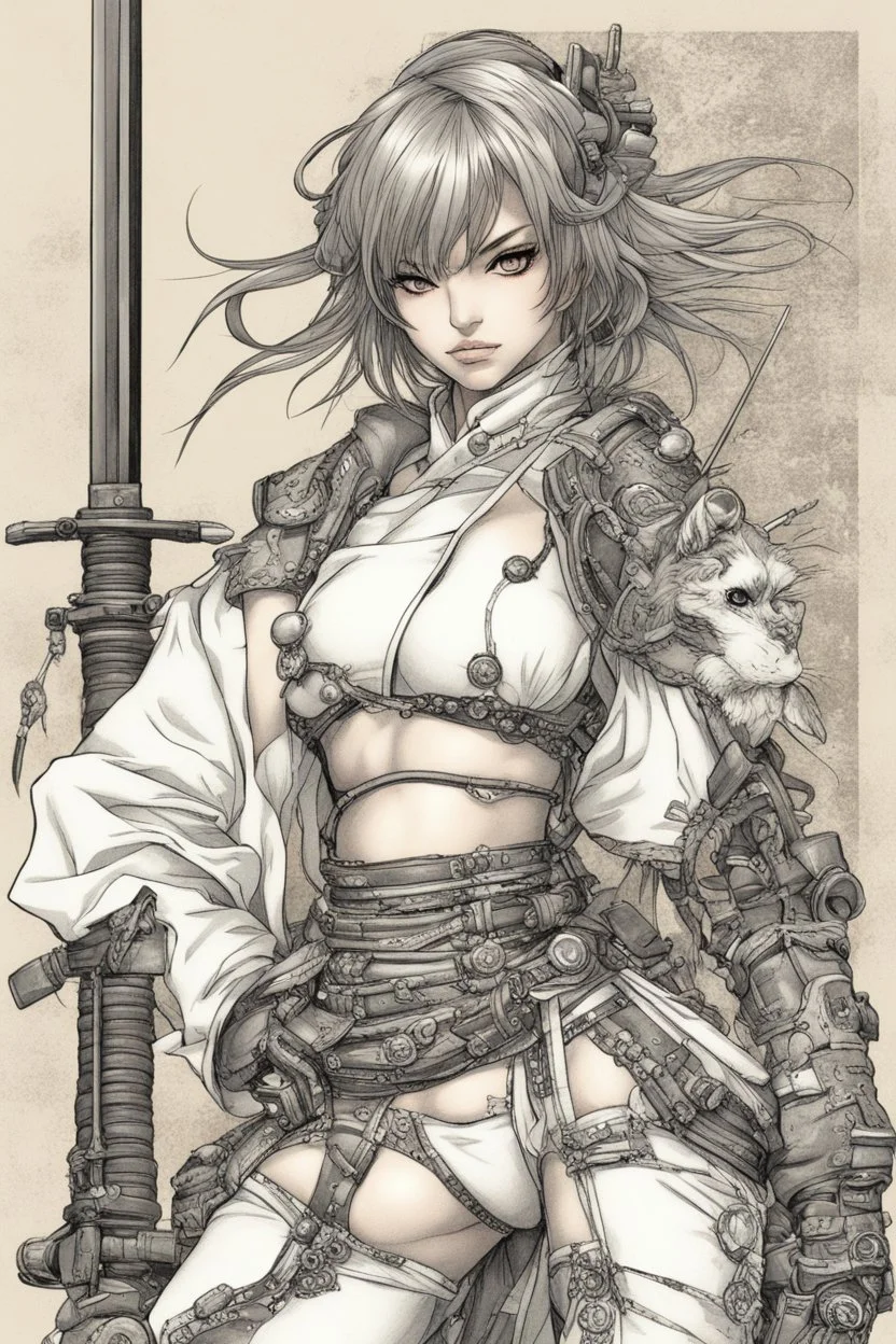 anime girl, Ronin, design for shirt, in the style of Masamune Shirow