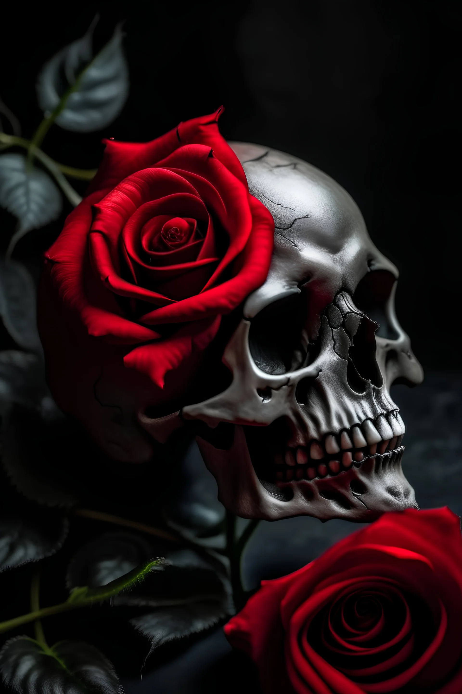 A red rose with a skull inside it