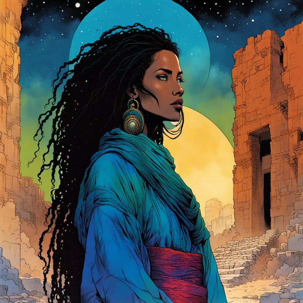 create an imaginative illustration of a Tuareg female, in traditional dress, with finely detailed facial features, short dreadlock hair, in the ruins of Djemila under the midnight sky, in the comic book art style of Bill Sienkiewicz, Mike Mignola, and Jean Giraud Moebius, finely textured, drawn, colored, and inked